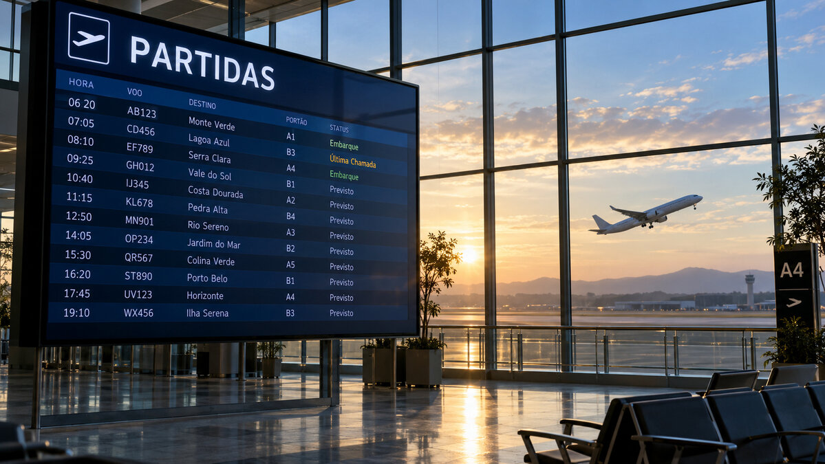 Passageiros no saguão do aeroporto diante do painel de voos